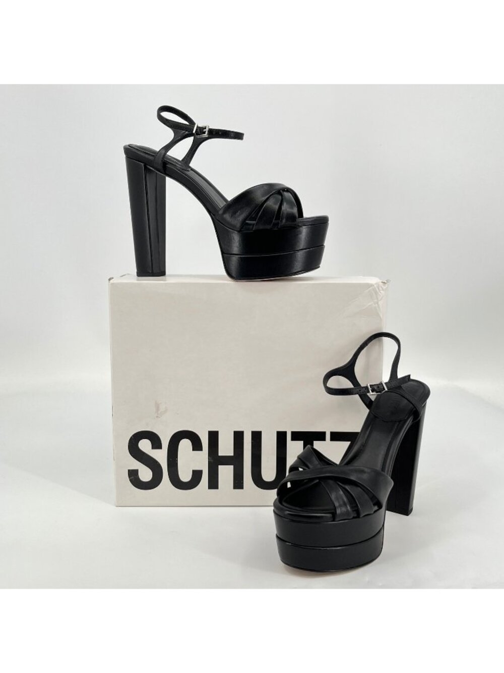 Schutz Keefa High Platform Sandals Black Size 7.5B Nappa Leather Ankle Strap